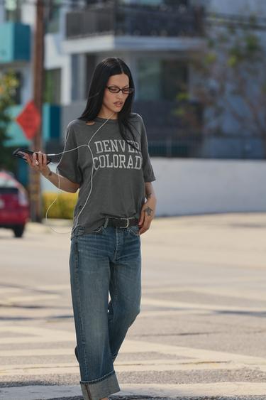 OVERSIZE RIPPED SLOGAN T-SHIRT - Charcoal by Zara
