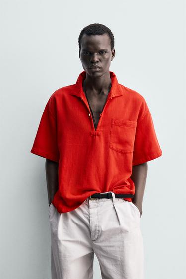 COTTON/LINEN POLO SHIRT - Red by Zara
