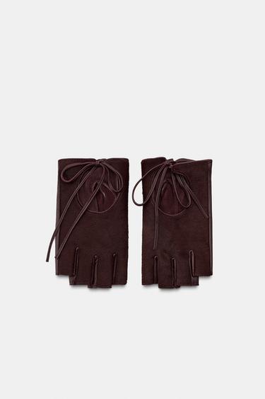 FAUX FUR TRIM LEATHER MITTENS - Burgundy by Zara