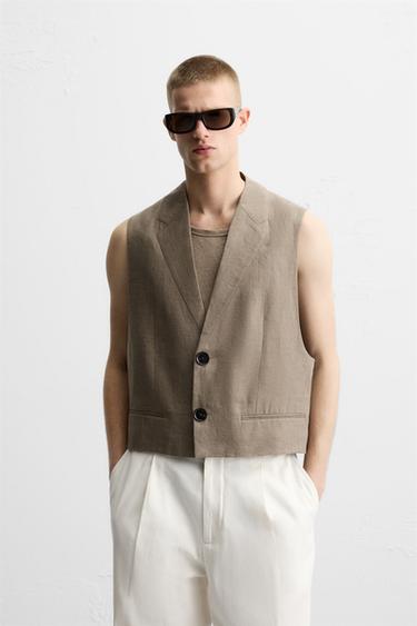 TEXTURED LINEN/COTTON WAISTCOAT - Brown marl by Zara