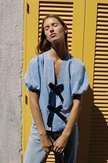 LINEN BLEND TIE BLOUSE - Blue by Zara