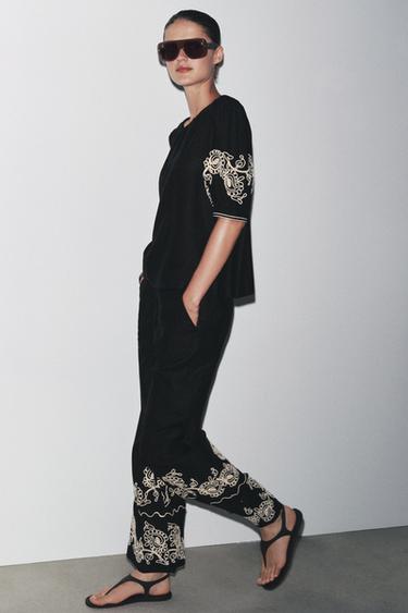 ZW COLLECTION EMBROIDERED LINEN BLEND TOP - Black by Zara