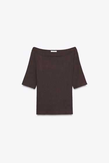 BOAT NECK T-SHIRT - Dark brown by Zara