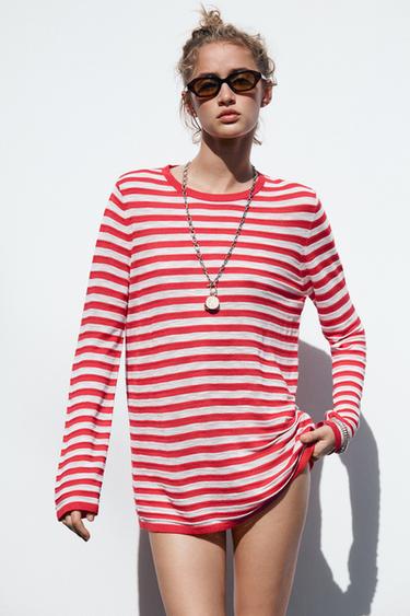 FINE KNIT STRIPED SWEATER - White / Red by Zara