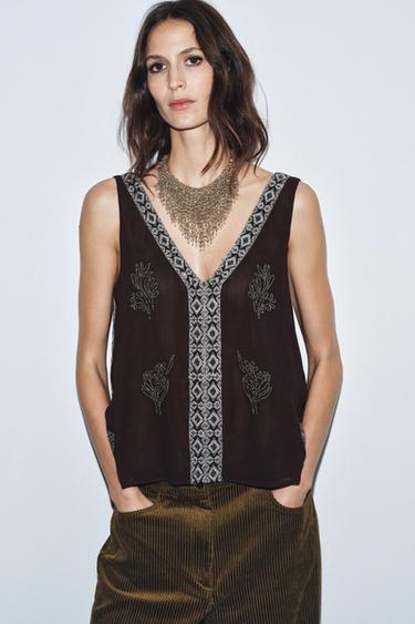 EMBROIDERED TOP ZW COLLECTION LIMITED EDITION - Anthracite grey by Zara