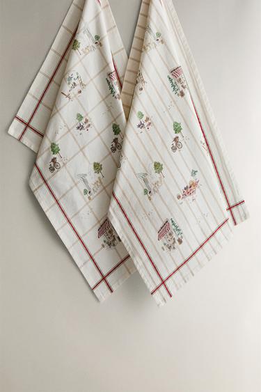 PACK OF FLORAL COTTON TEA TOWELS (PACK OF 2) - Red by Zara