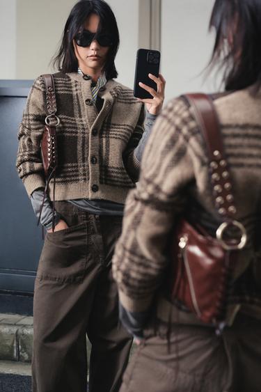 CHECK KNIT CARDIGAN - mink brown by Zara