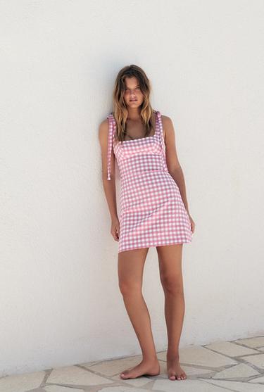 GINGHAM CHECK DRESS WITH BOWS - Pink / White by Zara