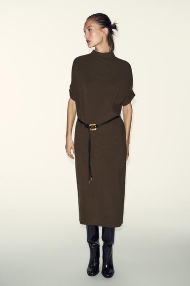 KNIT DRESS WITH BELT - Mink by Zara