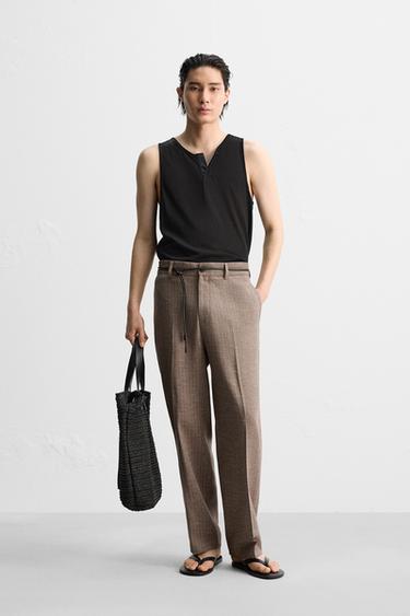 STRIPED TEXTURED SUIT TROUSERS - mink brown by Zara