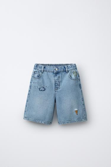 EMBROIDERED DENIM BERMUDA SHORTS - Mid-blue by Zara