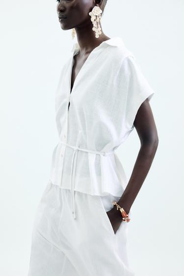 LINEN BLEND BELTED BLOUSE - White by Zara