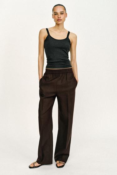 STRAIGHT TROUSERS WITH LINEN - Dark brown by Zara