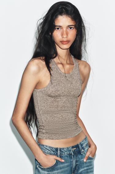 LINEN BLEND HALTER TOP - Tan marl by Zara