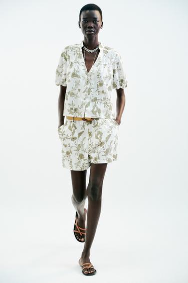 PRINTED TOP WITH CUTWORK EMBROIDERY - ecru/khaki by Zara - Image 0