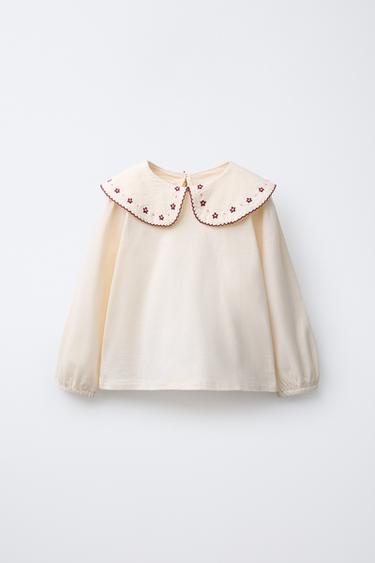 EMBROIDERED PETER PAN COLLAR T-SHIRT - Ecru by Zara