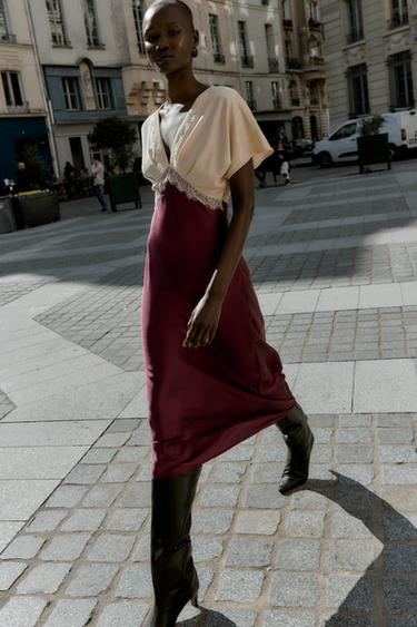 SATIN MIDI DRESS WITH LACE TRIM - Burgundy by Zara