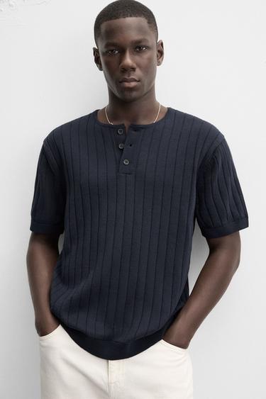 BUTTON-NECK KNIT T-SHIRT - Navy blue by Zara