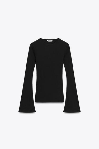 RIB T-SHIRT WITH FLARED SLEEVES - Black by Zara