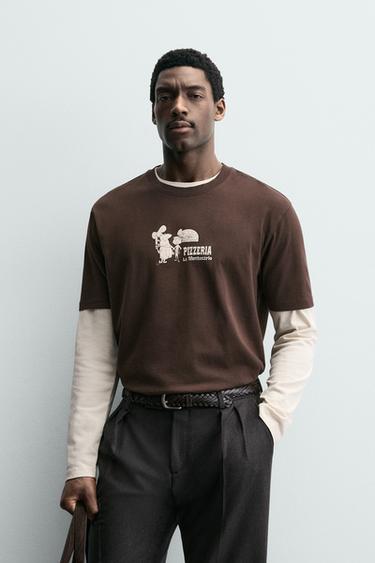 PIZZERIA LA MONTECARLO PRINT T-SHIRT - Brown by Zara