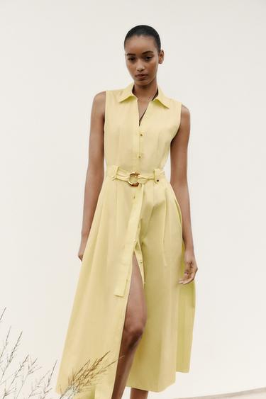 POPLIN MIDI DRESS WITH BELT - Yellow by Zara