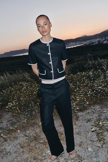 STRAIGHT-LEG LINEN BLEND TROUSERS WITH CONTRAST WAIST - Navy blue by Zara
