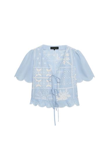 BLOUSE WITH CUTWORK EMBROIDERY AND BOWS - Light blue by Zara