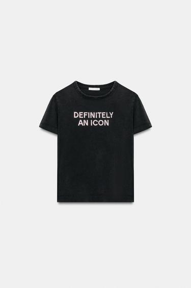 FADED-EFFECT SHINY SLOGAN T-SHIRT - Anthracite grey by Zara