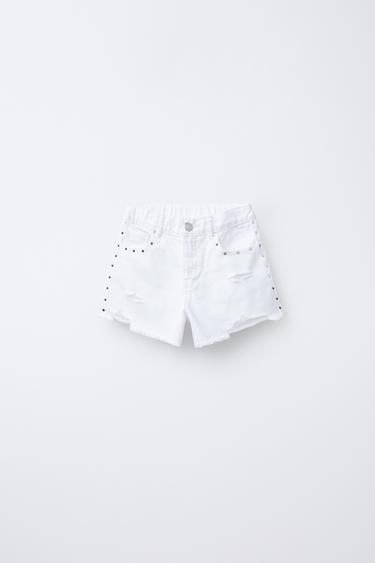 RIPPED AND STUDDED DENIM BERMUDA SHORTS - White by Zara - Image 0
