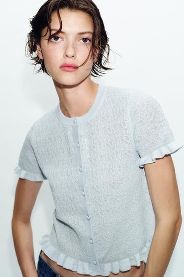 TEXTURED KNIT CARDIGAN WITH RUFFLES - Light blue by Zara