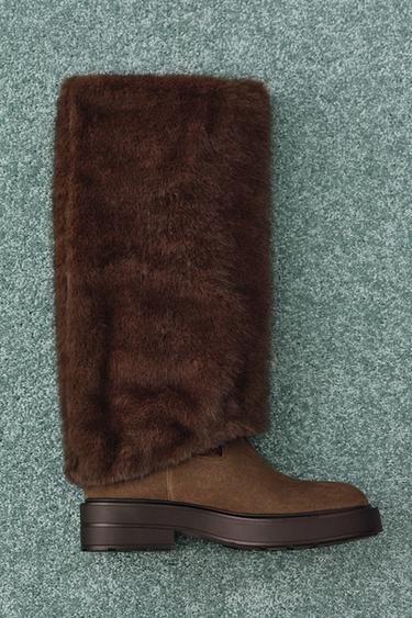 FLAT FAUX FUR BOOTS - Taupe Grey by Zara