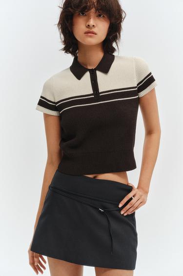 SHORT SLEEVE RIB KNIT JUMPER - Brown / Ecru by Zara