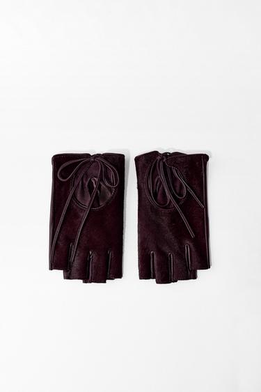 FAUX FUR TRIM LEATHER MITTENS - Burgundy by Zara
