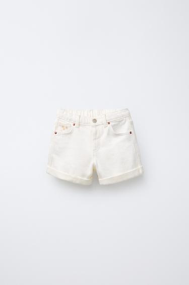 EMBROIDERED FLORAL HIGH-WAIST DENIM BERMUDA SHORTS - White by Zara