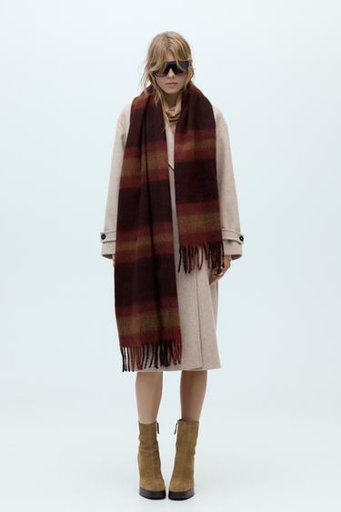 CHECKED FRINGED SCARF - Burgundy by Zara - Image 0