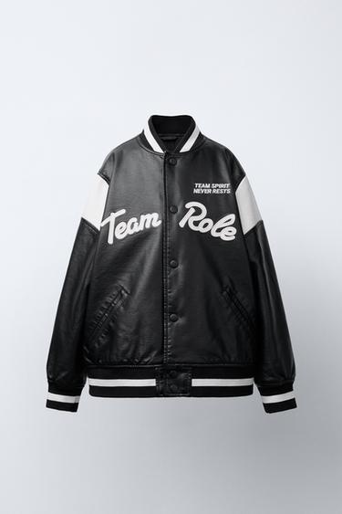 FAUX LEATHER BOMBER JACKET WITH EMBROIDERED TEXT - Black by Zara