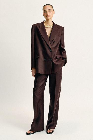 100% LINEN STRAIGHT TROUSERS - Brown by Zara
