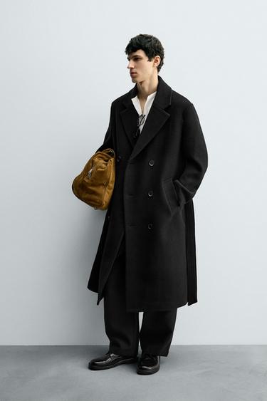 DOUBLE-BREASTED WOOL BLEND COAT WITH BELT - Black by Zara