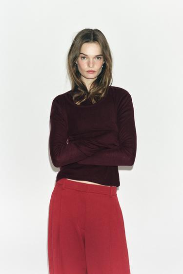 WOOL BLEND T-SHIRT - Dark burgundy by Zara