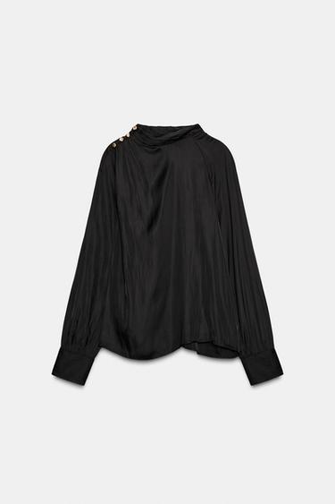 SATIN BLOUSE WITH SHOULDER BUTTONS - Black by Zara
