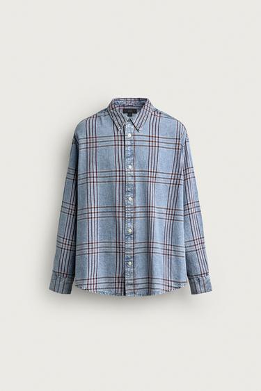 CHECK RELAXED FIT DENIM SHIRT - Light blue by Zara