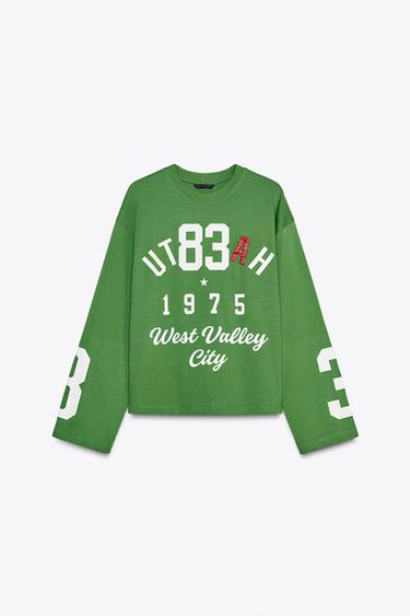 T-SHIRT WITH EMBROIDERED SLOGAN - Green by Zara