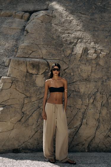 WIDE-LEG TROUSERS WITH EMBROIDERED SIDE STRIPES - Sand by Zara