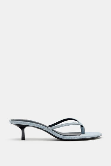DENIM KITTEN-HEEL SANDALS - Blueish Green by Zara