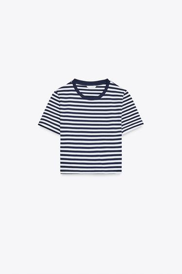 CROPPED STRETCH T-SHIRT - Blue/White by Zara