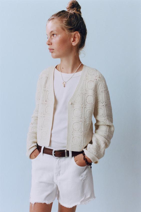 FLORAL CROCHET KNIT CARDIGAN - Ecru by Zara - Image 0