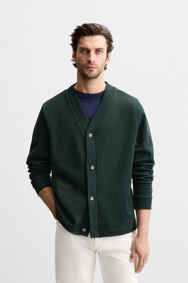 TEXTURED PIQUÉ CARDIGAN - Duck green by Zara