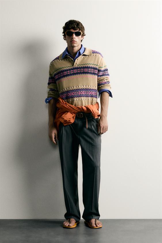 COTTON-LINEN JACQUARD KNIT POLO SHIRT - Olive Green by Zara - Image 0