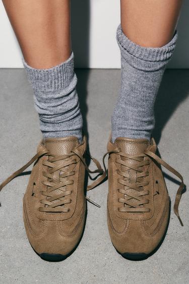LEATHER SNEAKERS - Khaki Green by Zara - Image 0