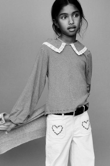 STRIPED T-SHIRT WITH PETER PAN COLLAR AND LACE TRIM - striped by Zara